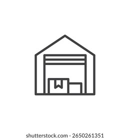 Ícone da linha de construção de depósito no estilo de vetor de estrutura de tópicos. Representa armazenamento, logística ou estoque. Um ícone de remessa e um símbolo comercial.
