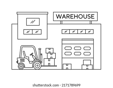 Warehouse building. The loader carries the goods to the warehouse. Logistics and delivery. Storage room. Linear vector illustration, icon.