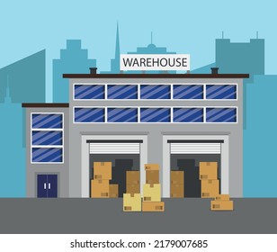 Warehouse building, logical center against the backdrop of the city. With cargo and transport.