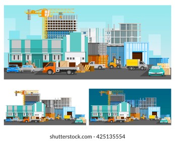 Warehouse building and logistics orthogonal compositions set with cars flat isolated vector illustration 