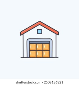 Warehouse building with open door. Colorful illustration of a warehouse building with an open garage door revealing boxes inside.