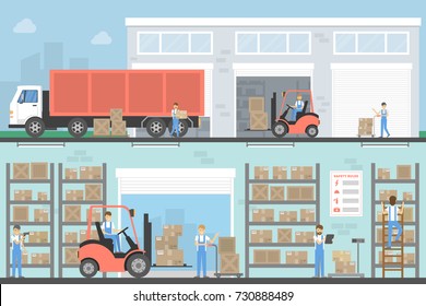 Warehouse building set. Interior and exterior with trucs and people.