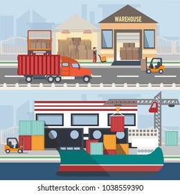 Warehouse building and shipping process in flat style. Logistic objects with elements like vehicle, people, forklift, boxes.
