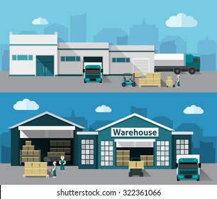 Warehouse Building And Shipping Process Flat Horizontal Banner Set Isolated Vector Illustration