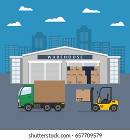 Warehouse building and shipping process. Flat vector illustration.