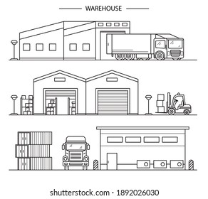 Warehouse Building Sign Contour Linear Icon Set Include of Truck. Vector illustration of Logistic Delivery and Storage