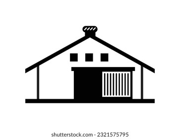 Lagergebäude mit Schiebetür. Einfache Illustration auf Schwarz-Weiß.