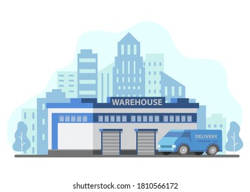 Warehouse Building Storage Delivery Lorry.City Skyline Skyscrapers.Cargo Van Car.Isolated On A White Background.Storage Unit.Cargo Transportation.