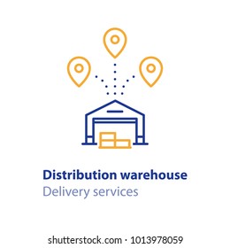 Warehouse building, storage services, distribution center, vector line icons