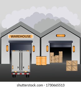 Warehouse building  and track.  Cargo delivery, storage service. Vector illustration.