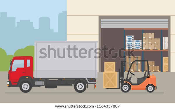 Warehouse building, truck and Forklift\
truck on city background. Warehouse Equipment, cargo delivery,\
storage service. Flat style vector\
illustration.