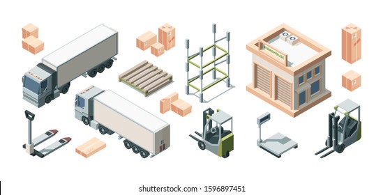 Warehouse building, trucks and loading equipment vector isometric illustration set