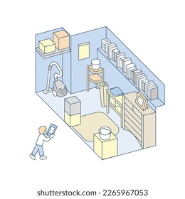 Warehouse in the building.
Various items can be purchased and stored.