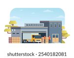 Warehouse building vector illustration, flat style factory storage. truck and van. Warehouse and Logistic Management