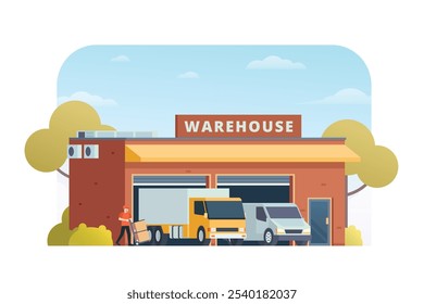 Almacén de Ilustración vectorial de construcción, almacenamiento de fábrica de estilo plano. camión y camioneta. Almacén y Gestión Logística