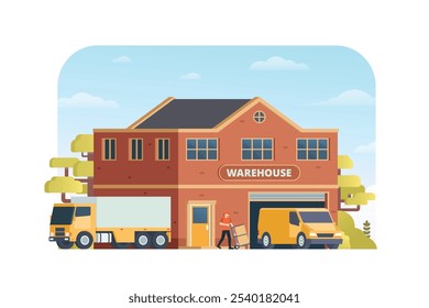 Almacén de Ilustración vectorial de construcción, almacenamiento de fábrica de estilo plano. camión y camioneta. Almacén y Gestión Logística