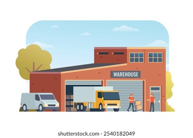 Almacén de Ilustración vectorial de construcción, almacenamiento de fábrica de estilo plano. camión y camioneta. Almacén y Gestión Logística