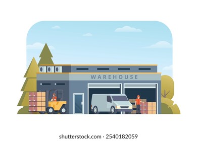 Warehouse building vector illustration, flat style factory storage. truck and van. Warehouse and Logistic Management