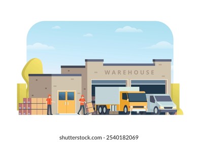 Warehouse building vector illustration, flat style factory storage. truck and van. Warehouse and Logistic Management