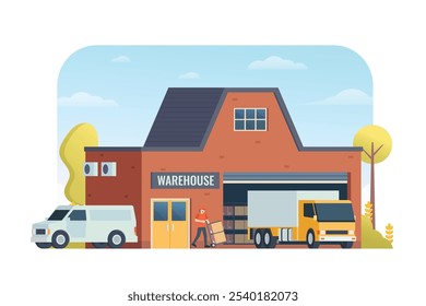 Almacén de Ilustración vectorial de construcción, almacenamiento de fábrica de estilo plano. camión y camioneta. Almacén y Gestión Logística