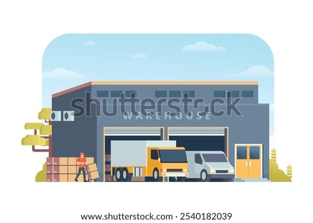 Warehouse building vector illustration, flat style factory storage. truck and van. Warehouse and Logistic Management