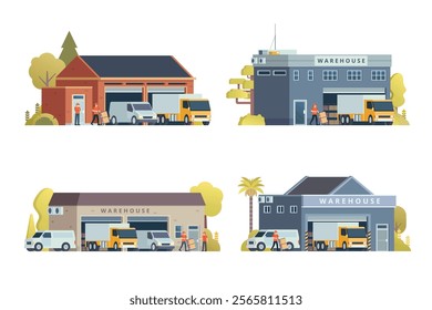 Warehouse Building Vector Illustration with logistic truck and van. Flat style elements bundle.