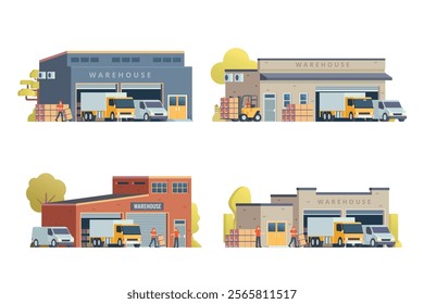 Warehouse Building Vector Illustration with logistic truck and van. Flat style elements bundle.