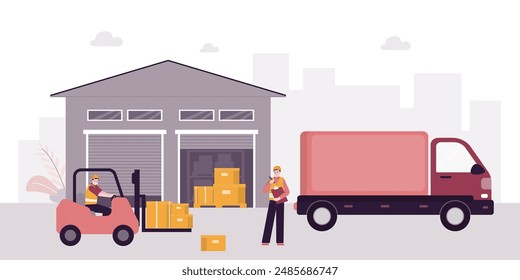 Warehouse building, worker team checking inventories. Loader loading boxes in delivery truck. worker counts quantity of goods. Work for preparation of shipments from storage. flat vector illustration