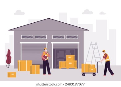 Warehouse building, workers checking inventories. Checking list of boxes on storage. Warehouse staff preparing products for shipment. Work of packaging department for preparation of shipments. vector