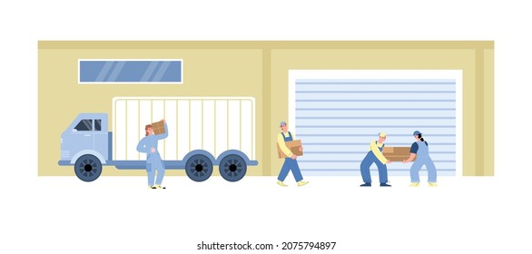 Edificio de almacén con trabajadores descargando camión con carga. Almacén exterior, vehículo de transporte con cajas de mercancías para distribución y almacenamiento. Ilustración plana vectorial.