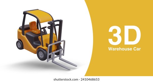 Warehouse car. Cargo loader ready for work. Warehouse, transportation, and delivery. Placard with place for text and yellow and white background. Vector illustration in 3D style