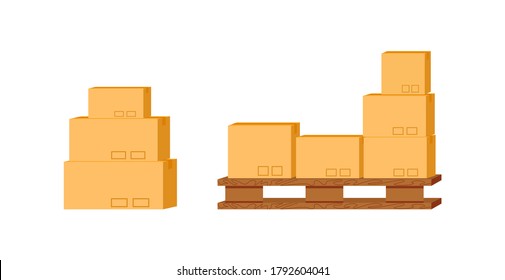 Juego de objetos vectoriales de color plano de cartón de almacén. Montón de cajas en la paleta de elevación de horquilla. Entrega de carga. Ilustración de dibujos animados aislados de almacenamiento de paquetes para diseño gráfico web y colección de animación