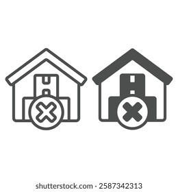 Warehouse cargo boxes forbidden line and solid icon, global sanctions concept. Vector graphics. Storage building without product sign on white background, outline style icon for mobile or web design