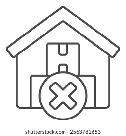 Warehouse cargo boxes forbidden thin line icon, global sanctions concept. Vector graphics. Storage building without product sign on white background, outline style icon for mobile or web design