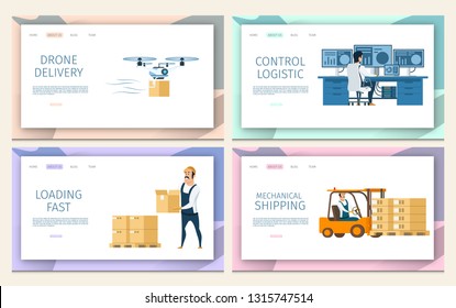 Warehouse Cargo Distribution. Logistic Service Set. Flying Air Drone Delivery, Control Logistic, Mechanical Storage Freight Shipping, Loading Fast. Flat Cartoon Vector Illustration