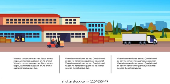 warehouse cargo forklift loading semi truck infographic template logistics delivery transportation concept international shipping cityscape flat horizontal banner copy space vector illustration