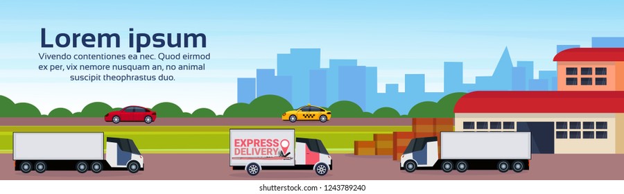 warehouse cargo minivan logistics loading delivery transportation concept international shipping cityscape flat horizontal banner copy space