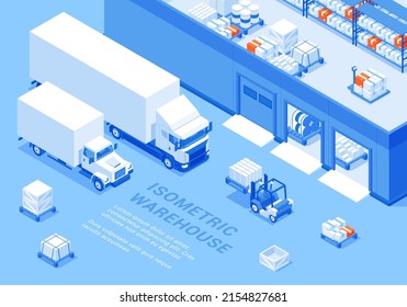 Warehouse cargo pallet storage truck transportation isometric banner with place for text vector illustration. Large storehouse building with forklift export import goods delivery distribution promo