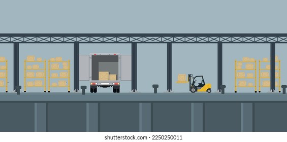 warehouse with cargo postal department loader with boxes vector illustration