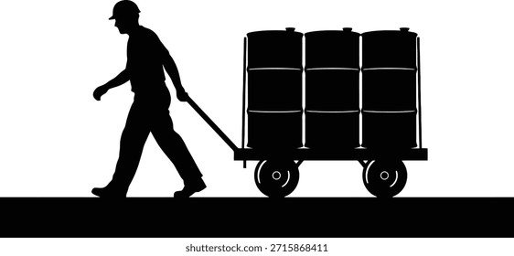 Warehouse cargo transport silhouette vector illustration featuring worker pushing hand truck.