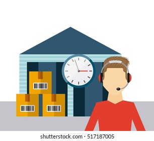 warehouse with carton boxes and logistics support worker. export and import colorful design. vector illustration