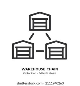 Warehouse chain line icon. Warehouse franchise pictogram. Warehouse rent business, global logistic industry, delivery service flat outline icon. Editable stroke