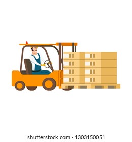 Warehouse Character Driving Forklift Car With Box. Drawing Of Smiling Professional Factory Staff Engeneer Working In Storage Goods Delivery Service. Flat Cartoon Vector Illustration