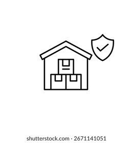 Almacén, marca de verificación y escudo. Almacenamiento seguro, instalación verificada para logística y suministro. Icono de Vector de trazo perfecto y editable