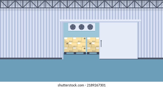 Warehouse cold storage of packaging. Cold rooms used in the food industry for food preservation and freezing. Industrial storage and distribution of products
