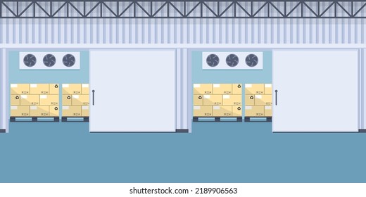 Warehouse cold storage of packaging. Cold rooms used in the food industry for food preservation and freezing. Industrial storage and distribution of products svg