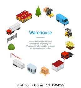Warehouse Concept Banner Card Circle 3d Isometric View Building Architecture Construction for Logistic, Delivery and Storage Vector illustration of Facade and Cars