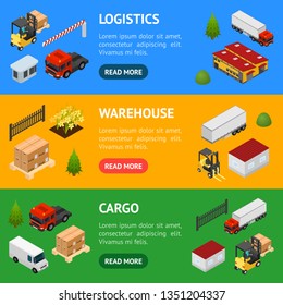 Warehouse Concept Banner Horizontal Set 3d Isometric View Building Architecture Construction for Logistic, Delivery and Storage Vector illustration of Facade and Cars