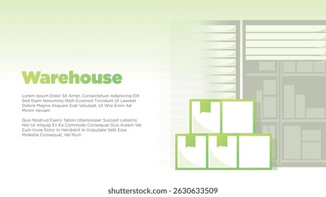 warehouse concept. cardboard, rolling door, goods arranged on warehouse shelves. clean coorporate screen size for print, presentation or web template vector illustration