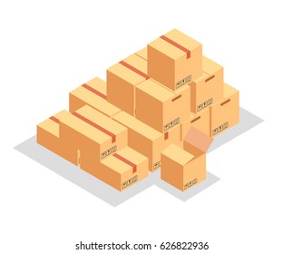 Warehouse concept, heap of cardboard boxes with red adhesive tape, cargo in paper box. Isometric flat vector vector illustration
